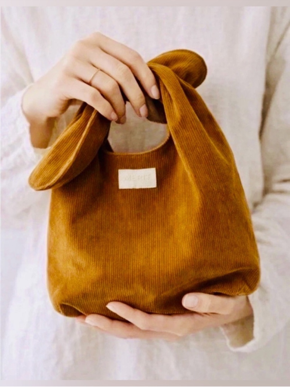 MERIT Beauty Signature Corduroy Tie-Top Bag – Camel Tan 💛